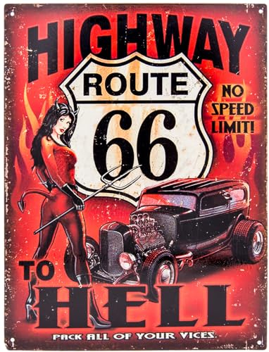 Targa in metallo, 33 x 25 cm, stile retrò, Highway to Hell – Route 66 – Decorazione officina, garage