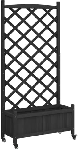 vidaXL Pflanzkübel mit Rankgitter Rollen, Blumenkasten mit Spalier, Pflanzgefäß für Terrasse Garten, Pflanzkasten, Schwarz Massivholz Tanne