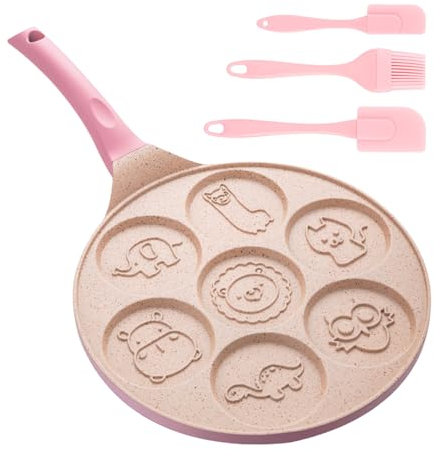 WEGREAT 26cm Pancake Pfanne Antihaft: Sieben Löcher Crepe Pfanne Crepes Maker mit Tier, Pfannkuchenpfanne Pancake Maker für Gas usw, Spiegeleipfanne für Omeletts Pfannkuchen Burger (Rosa)