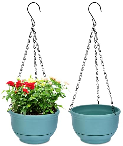 YuanDiann 2er Pack Hängende Blumentöpfe mit Abnehmbarem Tablett, Selbstabsorbierende Blumentopfkorb aus Kunststoff Hängepflanze Außen Innen Blumenampel Haus Balkon Garten Dekoration Grün 27.2cm