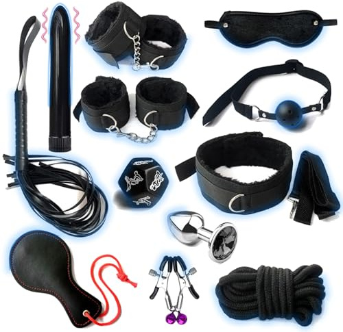 Sadodo 12 Stück BDSM Set Bondage Set, Sex Toys SM Spielzeug für Paare | Vibrator,Fesseln,Handschellen,Bondageseil,Analplug,Choker,Knebel und Peitsche, Extrem Stimulation Mann Frauen Einsteiger