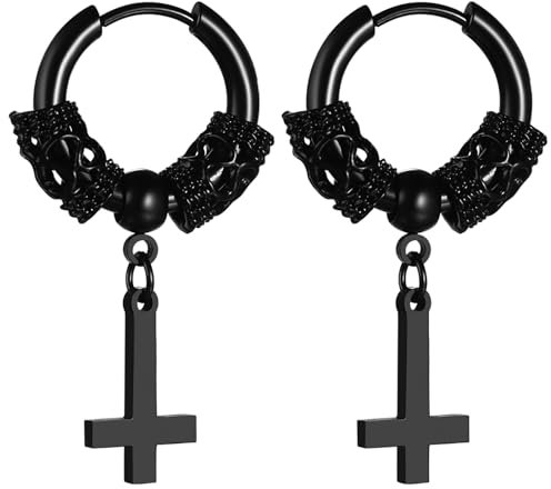 OIDEA Mens Cross Earrings: Gothic Inverted Cross Earrings Drop Dangle Huggie Hoop Earrings Cross Jewelry Gifts Black