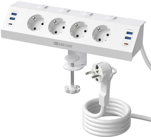 Tischsteckdose mit USB, 4 Fach Steckdosenleiste Schreibtisch mit Einzeln Schalter, 10-in-1 Ecksteckdose mit 4 USB A & 2 USB C (PD 20W) mit 2M Kabel, Überspannungsschutz Steckdose Tisch für Büro, Weiß