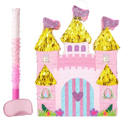 WERNNSAI Prinzessin Schloss Pinata – Prinzessinnen Geburtstags Piñata Deko Mädchen Kinder Schloss Piñata mit Augenmaske Stock Rosa Glitzernde Prinzessinnen Geburtstagsparty Partyspiel 42 x 32 cm