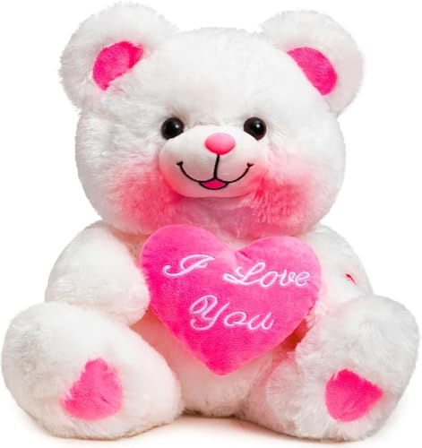 BEJOY Teddy Bear with Pink Heart Plushies That Says I Love You Blushes LED | Plush Bear Stuffed Toys for Girlfriend & Kids Valentine's Day 13 inch White