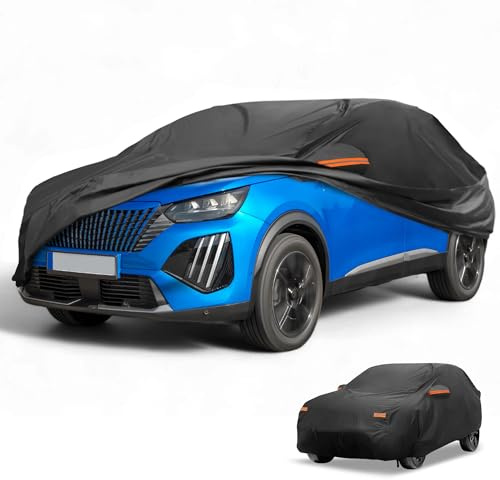 Partuto wasserdichte Autoabdeckung Für Peugeot 2008 2014-2023 1 STK | Farbe Schwarz, Material 210D-PU, Größe 435x145x143cm, Sonne & Regen Schutz, Reflektierende Streifen