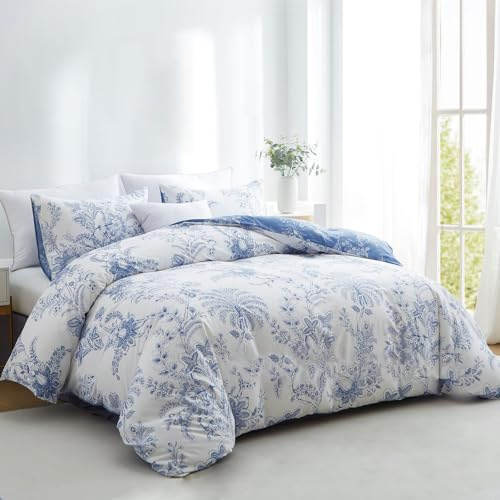 Wotcsil Floral Duvet Cover Double White Blue Floral Bedding Set Botanical Garden Flowers Leaves Print Duvet Cover 200x200 cm with 2 Pillowcases 50x75 cm