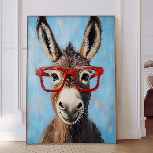 Abstrakte Esel-Gemälde, Leinwand-Kunstdrucke, lustiger Esel mit roter Brille, Vintage-Tiere, Poster, modernes Kunstwerk für Schlafzimmer, Dekoration, lustige, abstrakte Tiere, Leinwandbild, 40,6 x 61