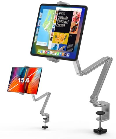 QJYKIONE Aluminum Alloy Tablet Arm Stand for Desk, Portable Monitor Stand Foldable iPad Arm Mount 360° Adjustable Phone Holder Compatible with iPad Pro Air 13/12.9/11/Mini, Samsung, Kindle-Sliver