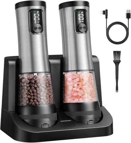 COKUNST Ensemble moulin à poivre et sel électrique, moulin à poivre USB avec support rechargeable, 5 niveaux de grossièreté, moulin à poivre à écran numérique avec 2 vitesses de broyage pour cuisine