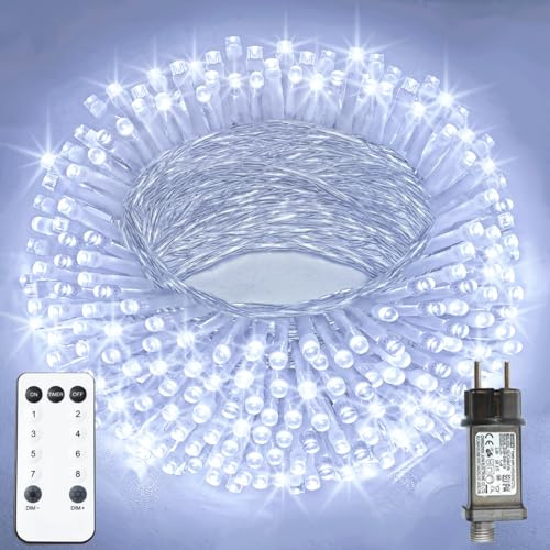 XmasBokeh LED Lichterkette, 10m 100 LED, Kaltweiß, Transparentes Kabel | LED Lichterkette außen mit Stecker und Fernbedienung; Weihnachtsbeleuchtung mit Timer und 8 Leuchtmodi für Fenster und Garten