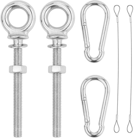 2 tornillos de anillo M8 x 80 mm, tornillos de ojal, tornillos de anillo con arandelas y tuercas hexagonales, perno de ojo, con 2 mosquetones y 2 cuerdas de alambre, para fijar y colgar