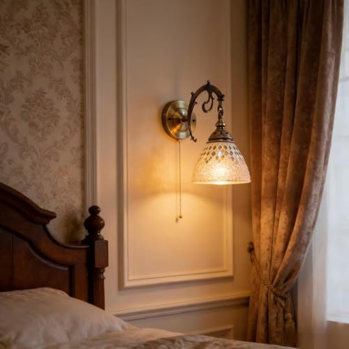 Tiffany Wall Light with Pull Cord Switch Vintage Country Style Wall Lamp Dimmable E27 Metal Base Handmade Stained Glass Shade Victorian Retro Bedside Wall Sconce for Bedroom Living Room（White Silver）