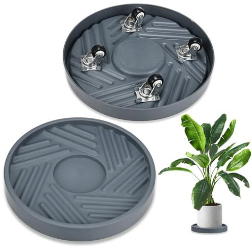 M METERXITY 2PCS Round Planter Caddies, 10 Inches Plastic Plant Roller with Wheel, Plant Saucers for Indoors, Plant Stand for Flower Pots [Gray]