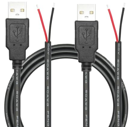 Riertostng Lot de 2 câbles USB à 2 broches de 3.3FT, 20 AWG, 5 V, 5 A mâle vers câble d'alimentation ouvert à 2 broches, pour réparation d'appareils de bricolage, remplacement (20 AWG-5 V 5 A)