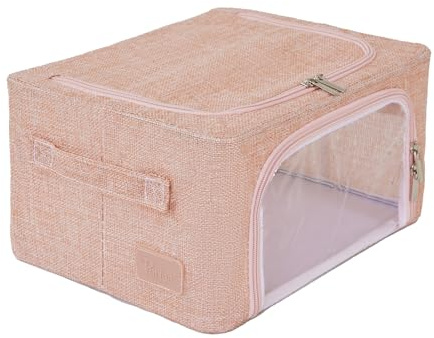 Periea ‘Beau’ Folding Collapsible Stackable Fabric Home Storage Boxes with Steel Frames (Light Pink Hemp, Compact)