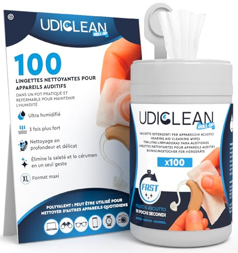 100 Lingettes pour Appareils Auditifs Nettoyage Udiclean Roll-Up - dans un Distributeur Refermable à Économie d’Humidité - Lingettes Maxi et Résistantes Nettoyage Cérumen Graisse et Saleté