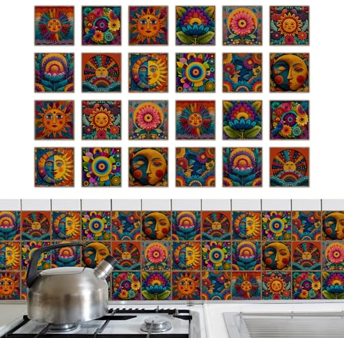 Peel and Stick on Wall Tiles,CEIEVER Tile Stickers 24Pcs 20x20cm Retro Traditional Wall Tile Transfers Stickers Self-Adhesive Wallpaper for Kitchen,Bathroom,Cabinet,Furniture