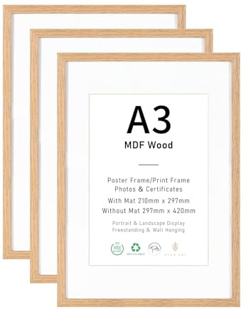 ATOBART Bilderrahmen A3 MDF Holz Natur, 29.7x42cm, 3er Set | DIN A3 Rahmen mit Acrylglas,Picture Frame 42x30 zum Aufhängen,Zertifikate,Fotos,Poster