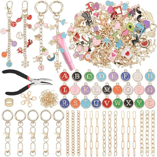 263 Pcs Lip Gloss Charm Keychain Craft Kit with Key Rings, Jump Rings, Lobster Clasps, Chains & Tools, DIY Jewellery Making Supplies for Personalised Bag Accessories