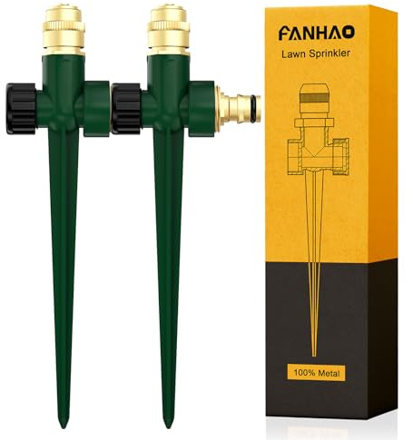 FANHAO 2 Pezzi irrigatori automatici da giardino in 100% metallo | Base a punta stabile, bocchetta in ottone regolabile, 360 gradi copertura ampia, ideale per prato, patio e cortile