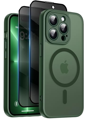 Qasyfanc for iPhone 13 Pro Case, Privacy Screen Protectors X2, Green | Compatible with MagSafe, Camera Protection, 15FT Military Drop Protection, Translucent Matte Shockproof Phone Cover