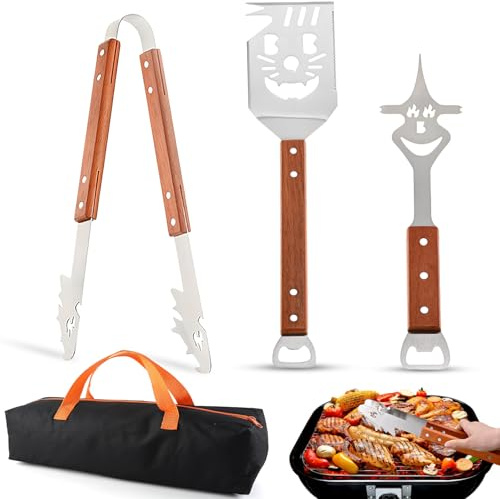 Geoyien Grillspachtel für Barbecue, Grillzubehör Männer Geschenk, Multifunktionales Grill Zubehör, Grillbesteck mit Holzgriff, Messer und Gabel, Säge, Vatertagsgeschenk für Papa (3 Stück, ABD)