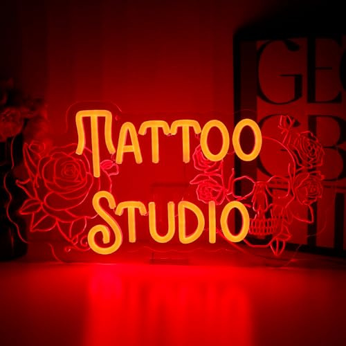 PMCVYH Tattoo Studio Neon Sign for Wall Decor, Red Rose Flower Led Signs for Business, USB Dimmable Skull Neon Lights for Tattoo Piercing Salon Beer Bar Pub Garage Man Cave Gothic Party Decor