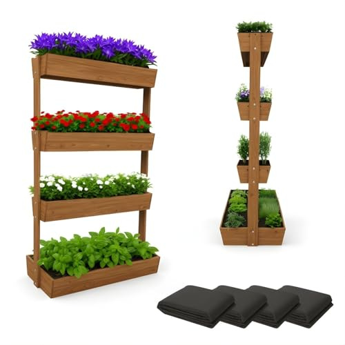 Coemo Vertikalbeet Vera aus Holz, 85x45x140 cm, Braun, Stufenbeet | Hochbeet mit 4 Etagen, platzsparendes Kräuterbeet für Balkon & Terrasse, höhenverstellbare Pflanzkästen