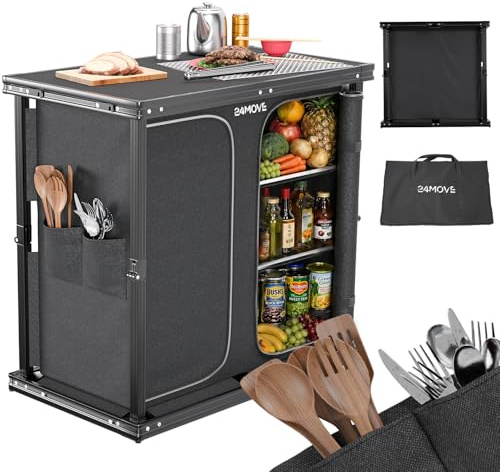 24MOVE® Campingküche, Faltbare Outdoor Küche Arbeitsplatte, MDF Einlegeböden, Besteckfächern, Tragegriff