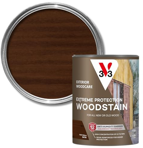 V33 Extreme Protection Woodstain for Exterior Wood, Dark Walnut Satin,750ml | 12-year guarantee, Water-based formula, Waterproof barrier, UV resistant technology, Non-drip formula, For new & treated wood
