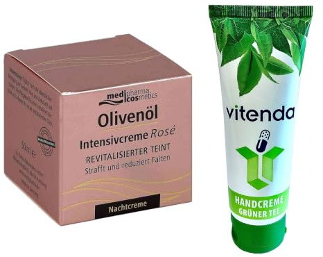 vitenda Set: Reichhaltige Nachtcreme zur Hautregeneration mit medipharma Olivenöl Rosé für trockene reife Haut, 1x50ml – inkl. vitenda Handcreme