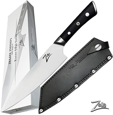 Zelite Infinity Couteau Cuisine 20 cm - Série Razor Edge–Acier Japonais AUS-8 Couteau Cuisine INOX Haute Teneur en Carbone – Manche en Bois de Pakka, Étui en Cuir – Couteau de Cuisine