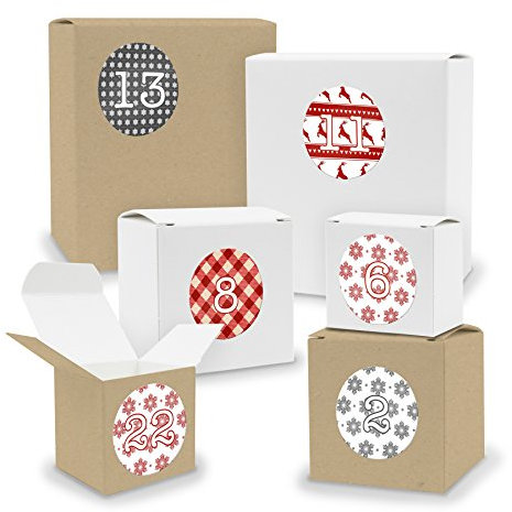 DIY itenga AdventskalenderSet V03 zum Selberbefüllen 24x Quader Würfel gemischt WEISS/BRAUN (Kraftkarton) + Sticker (Motiv Z07 Rot Grau)