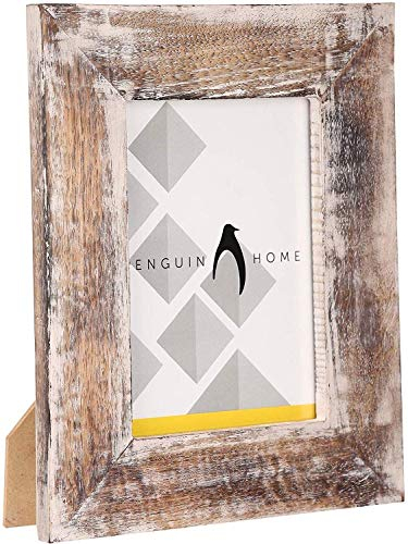 Penguin Home Handcrafted Photo Frame 6 X 4(15 X 10 cm), Freestanding, Real Glass Window, Portrait or Landscape, Solid Wood White Wash Effect, Vintage,Thoughtful gesture for Family & Friends