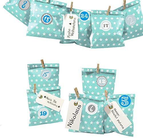 Frau WUNDERVoll® DIY Adventskalender zum Befüllen Bescherung: Set Stern 106, Papiertueten flach 13x16,5cm, Tuerkis Stern, Ziffern blau