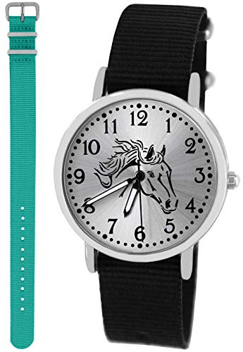 Pacific Time Mädchen Uhr Analog Quarz mit 2 Textilarmband 10420 schwarz türkis