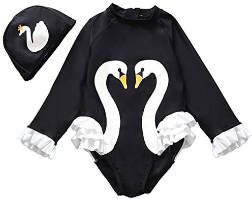 7-Mi Kids Girls Rashguard Long Sleeve Swimsuit UV50+ One Piece Swimwear UPF 50+ Swim Sunsuit W/Swim Cap Black Swan Design for 2-3 Years(34-37in)