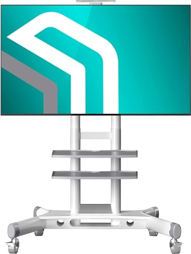 ONKRON TV Ständer rollbar für 40-70 Zoll Fernseher bis 45,5 kg, professioneller TV Standfuss höhenverstellbar, Fernseher Wagen max VESA 600x400, Fernsehständer mit Rollen, 2 Ablagen Weiß TS1552-W