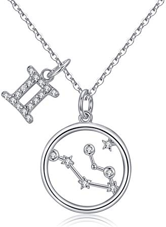 Qings Zwillinge Filigrane Mädchen Kette- 925 Sterling Silber 12 Sternzeichen Runde Anhänger Konstellation Halsketten, Geschenk für Frauen Am Valentinstag