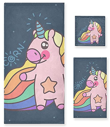 Vnurnrn Jolie Licorne Arc-en-Ciel Ensemble de Serviettes pour Salle de Bain(1 Serviette de Bain,1 Serviette À Main,1 Gant de Toilette) Résistantes Aux Odeurs pour Garçons Filles