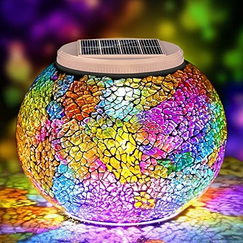 kiosbibi Color Changing Mosaic Solar Light, Waterproof Crystal Glass Globe Ball Table Light, LED Night Light for Patio Garden Party Yard Outdoor Indoor Decorations