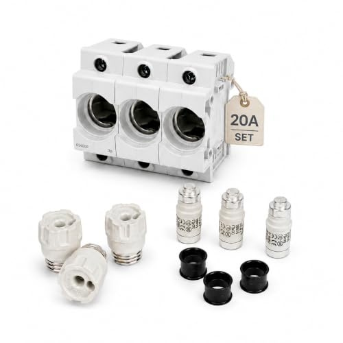 CusoTec Neozed Sicherungssockel D02 Set mit Schraubkappen Sicherungen und Passhülsen 16A/20A/25A/35A/50A/63A (20 Ampere)