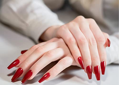 AIN Katy - Vin chaud rouge long - Pack De 24 Faux Ongles, French, Paillettes Or, Longs, Ongles À Presser, Prêts À Coller, Ongles Élégants, Set D'autocollants
