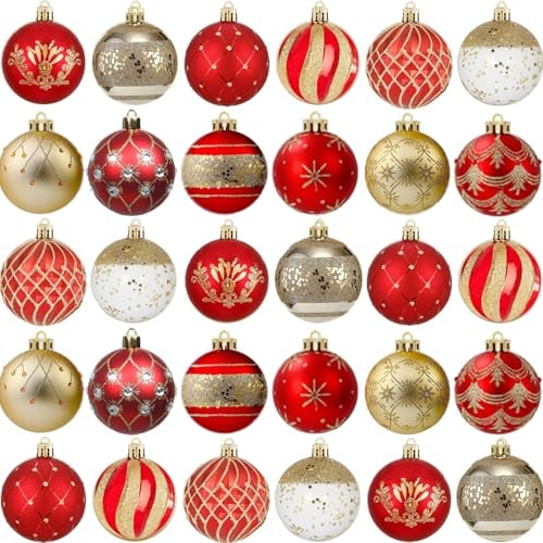Weihnachtskugeln Weihnachtsbaumschmuck Set,30 Stück 60mm Kunststoff Weihnachtsbaumkugeln mit Aufhänger Weihnachtsbaum für Weihnachten Hochzeit Party (Rot)