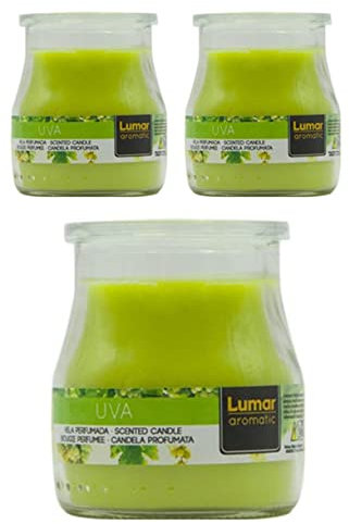 Velas aromáticas en vaso de yogurt cristal con tapa PlusHome (Uva, Pack 3)