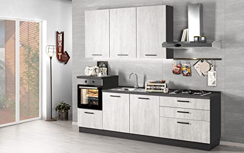 Dafne Italian Design Cocina completa con electrodomésticos (horno, fregadero, campana de cocina) estilo industrial - 270 x 60 x 240 cm - plomo, efecto roble blanco - horno a la izquierda