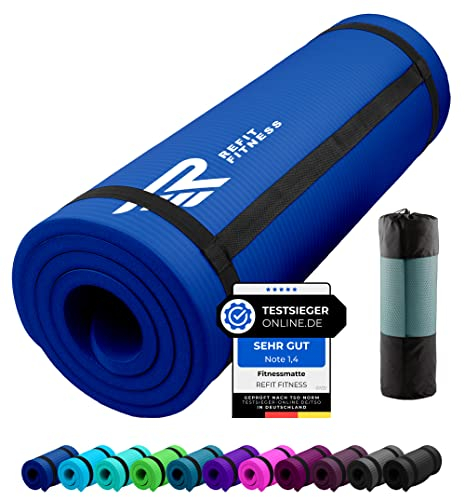 REFIT FITNESS Gymnastikmatte Profi 190 x 60 x 1.5 cm Blau PainProtect SmartCell NBR rutschfeste Yoga Matte Pilates Sport Gymnastik Yogamatte 15 MM Sportmatte Tragegurt Tasche