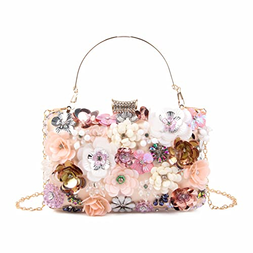 Fecialy Blumen Clutch Abendtaschen für Damen mit bunten Blumen Metall Strasssteinen Abend Clutch Geldbörse Hochzeit Party Handtaschen,Champagner