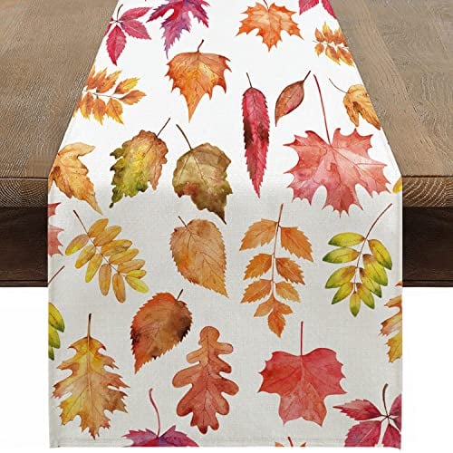 Sungeek Leinen Herbst Tischläufer, Bauernhaus Erntedankfest Herbst Themen Tischläufer Küche Esstisch Dekoration für Drinnen und Draußen Urlaub Party Wohnzimmer Dekor, 30 x 180 cm (Ahornblätter)